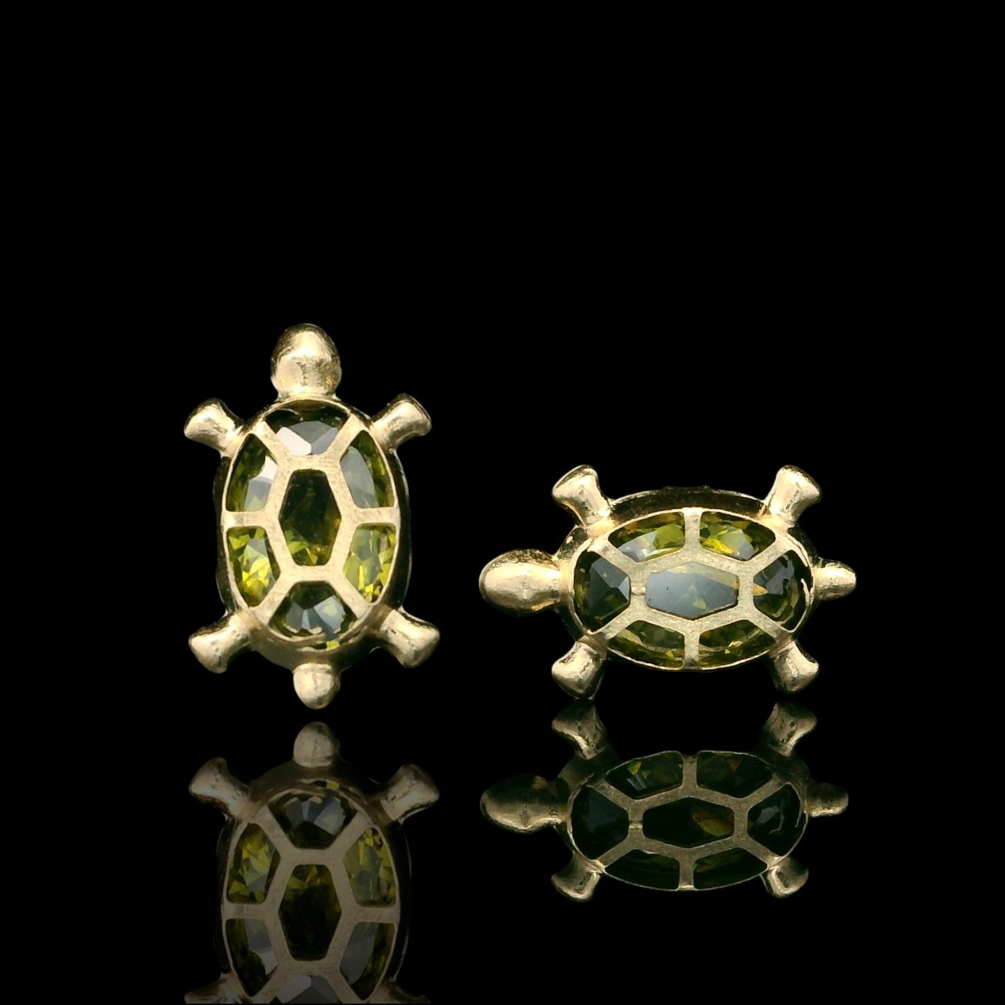 14K Gold Turtle Stud Earrings with Inlaid Oval CZ - 9mm