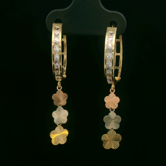 14K Gold 19mm Huggie Earrings with CZ & Tri-Color Flower Dangle
