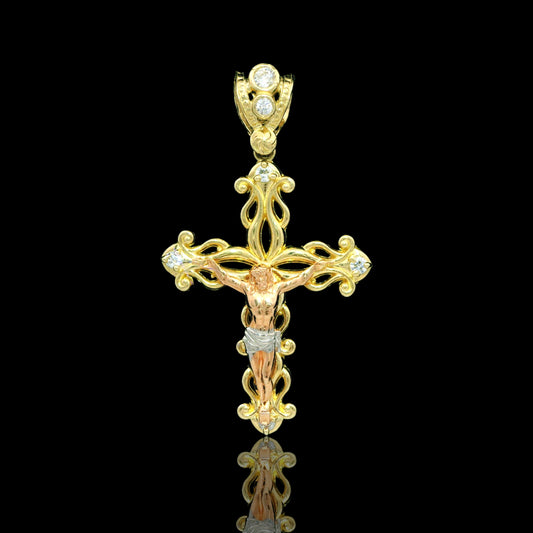Baroque 14K Tri-Color Gold Crucifix Pendant