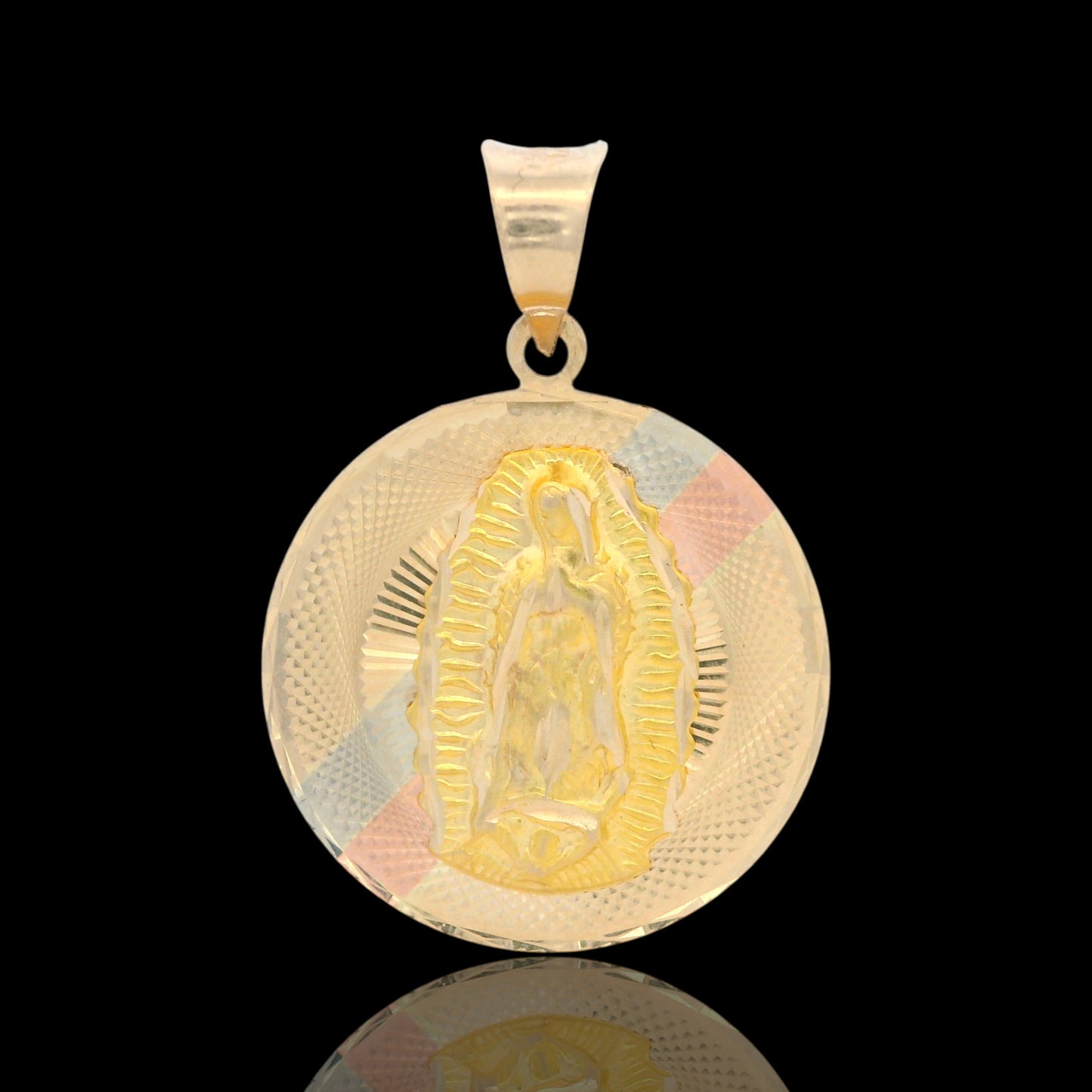 14K Round Tri-Color Classic Diamond Cut Guadalupe Virgin Pendant
