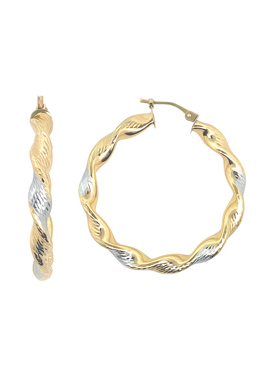 Twisted Two-Tone Diamond-Cut Hoop Earring