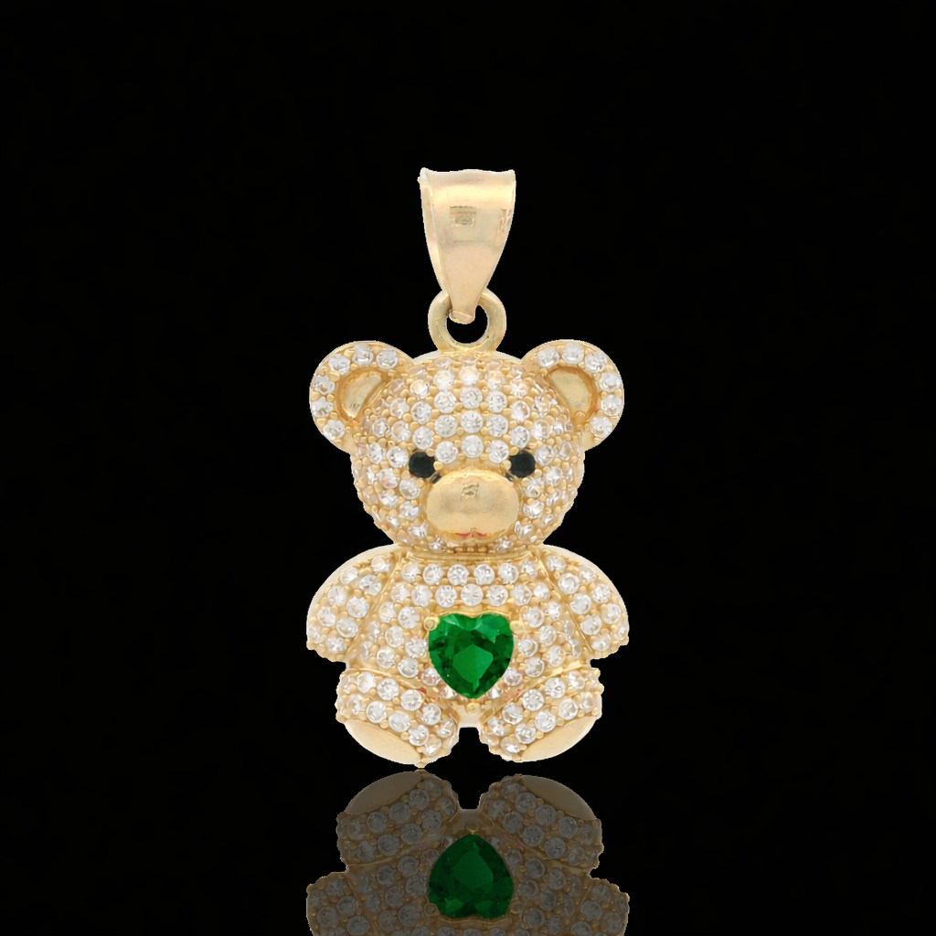 14K Gold Teddy Bear pave Pendant with Colored Heart