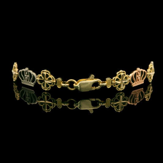 14K Tri-Color Crown & Clover Bracelet Diamond-Cut Detail – 8mm-7”