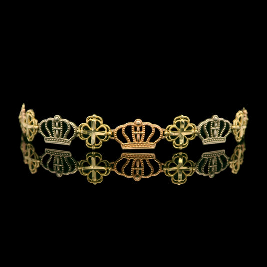 14K Tri-Color Crown & Clover Bracelet Diamond-Cut Detail – 8mm-7”