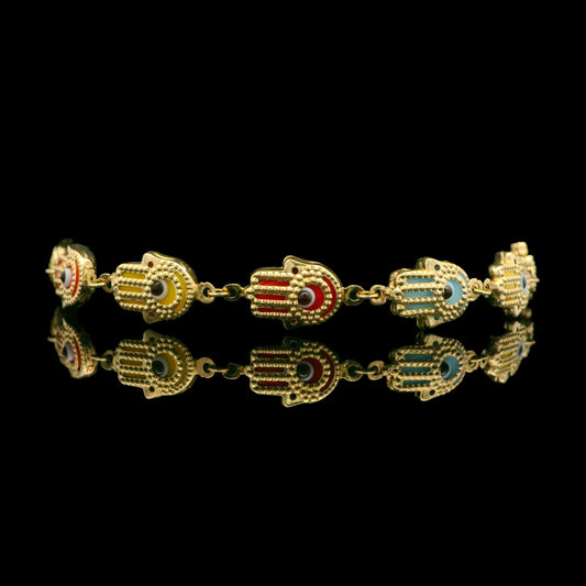 14K Gold Hamsa Hand Bracelet with Multicolor Turkish Evil Eye – Adjustable7''+1'' - 8mm