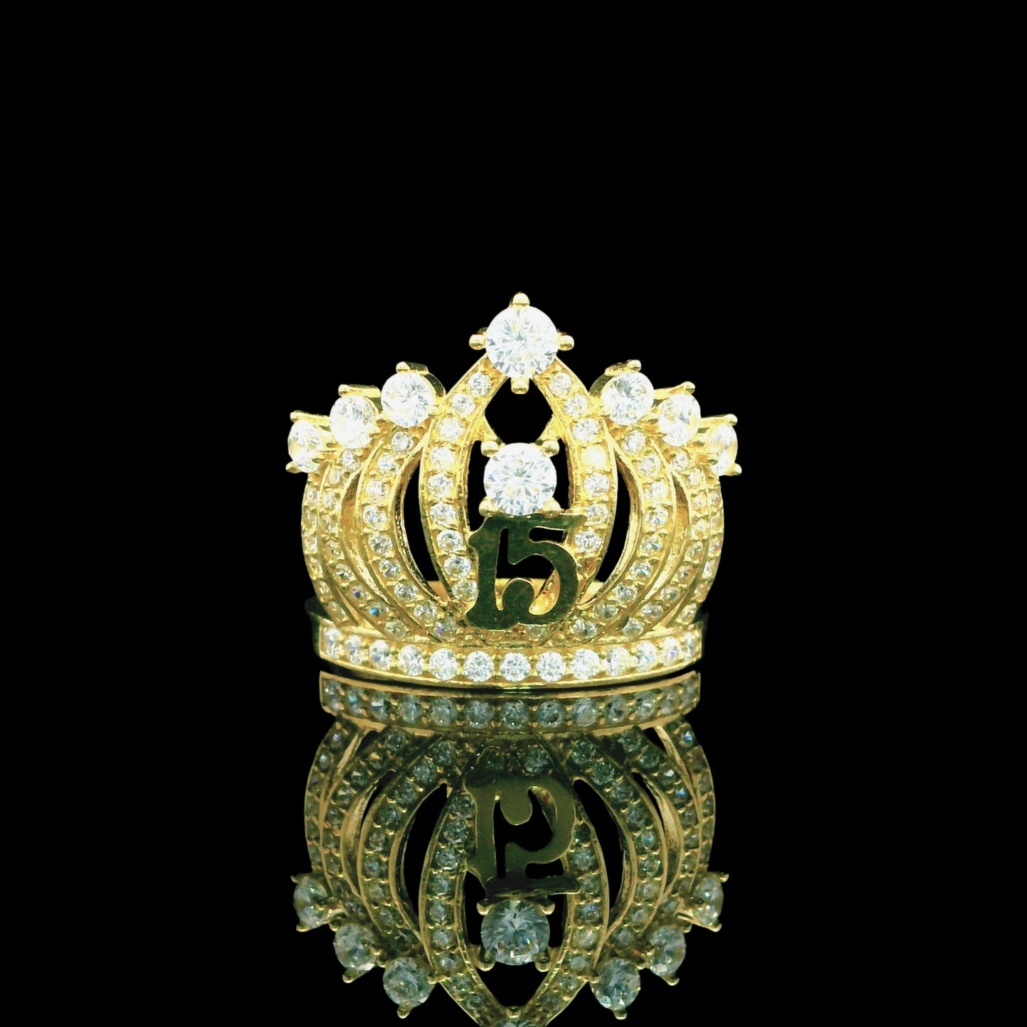 14K Gold “15” Crown Ring with Round CZ Tips - 17mm