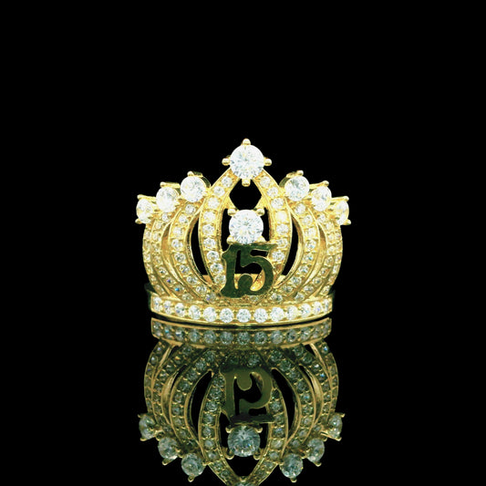 14K Gold “15” Crown Ring with Round CZ Tips - 17mm