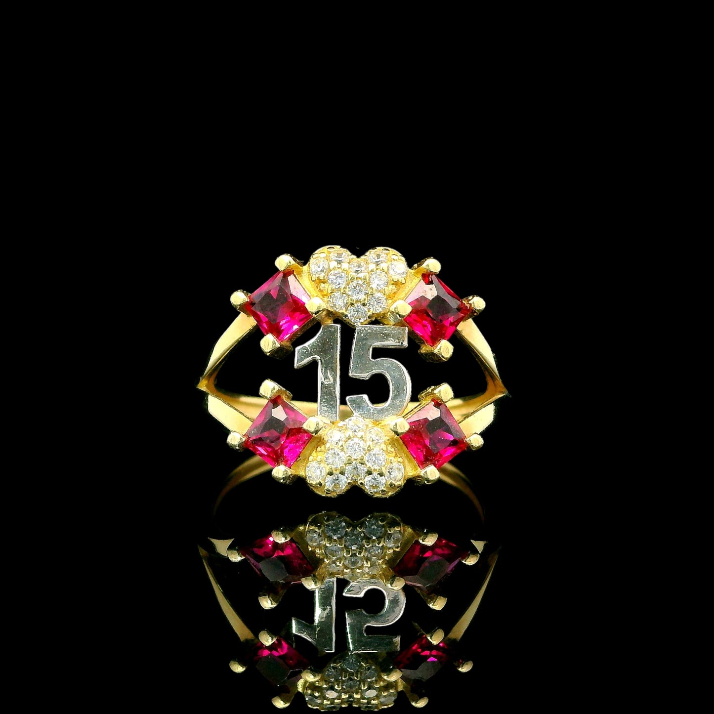 14K Gold “15” Ring Ruby-Red CZ Accents + Sparkly Heart Accent - 15mm
