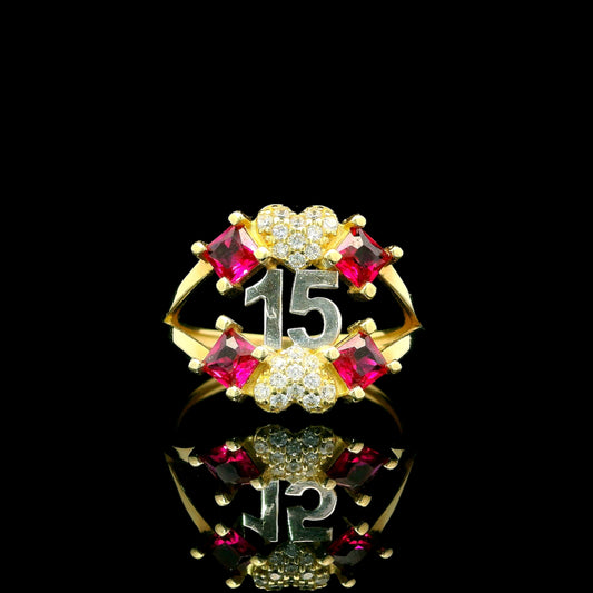 14K Gold “15” Ring Ruby-Red CZ Accents + Sparkly Heart Accent - 15mm