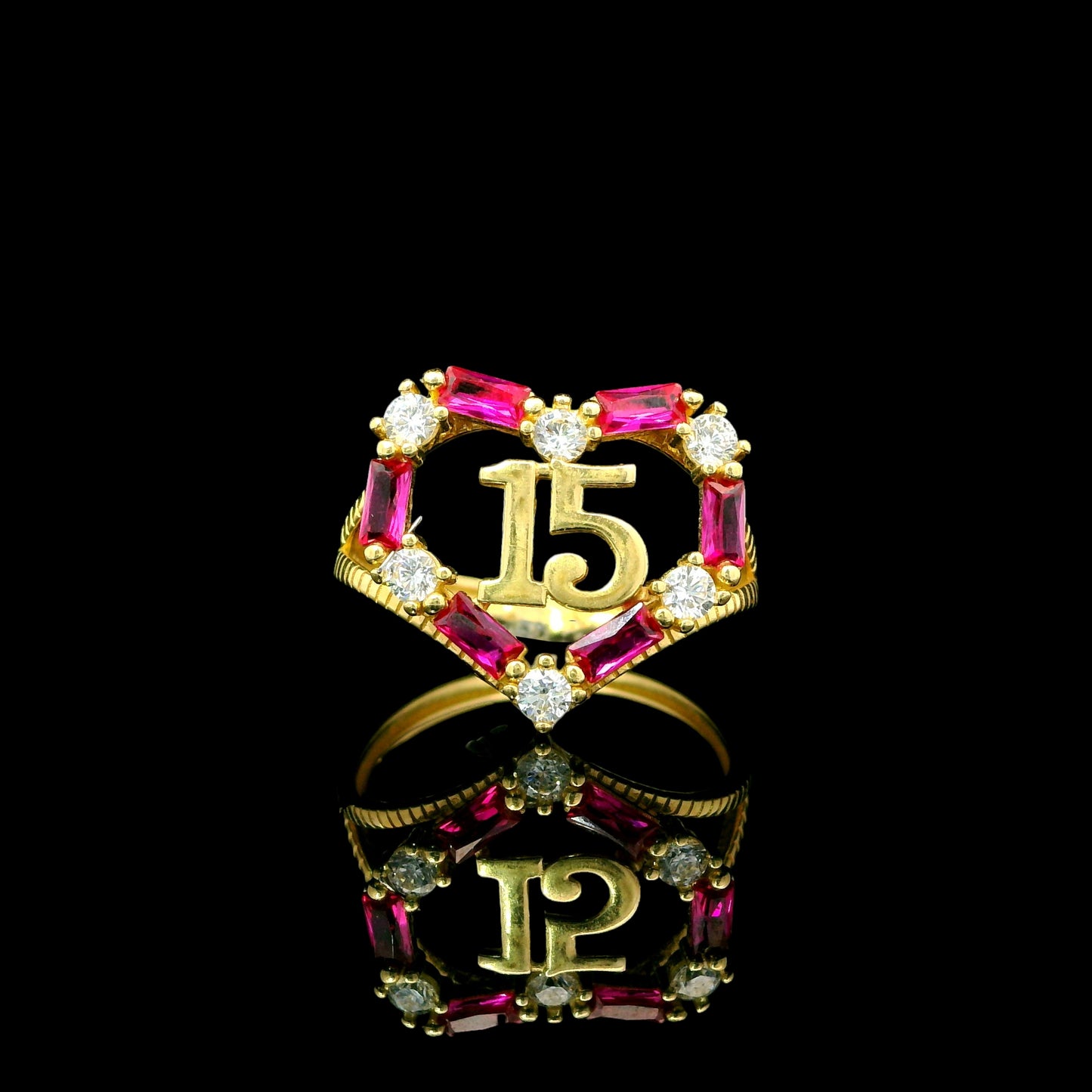 14K Gold “15” Heart Ring– Pink Baguette CZ -  16mm