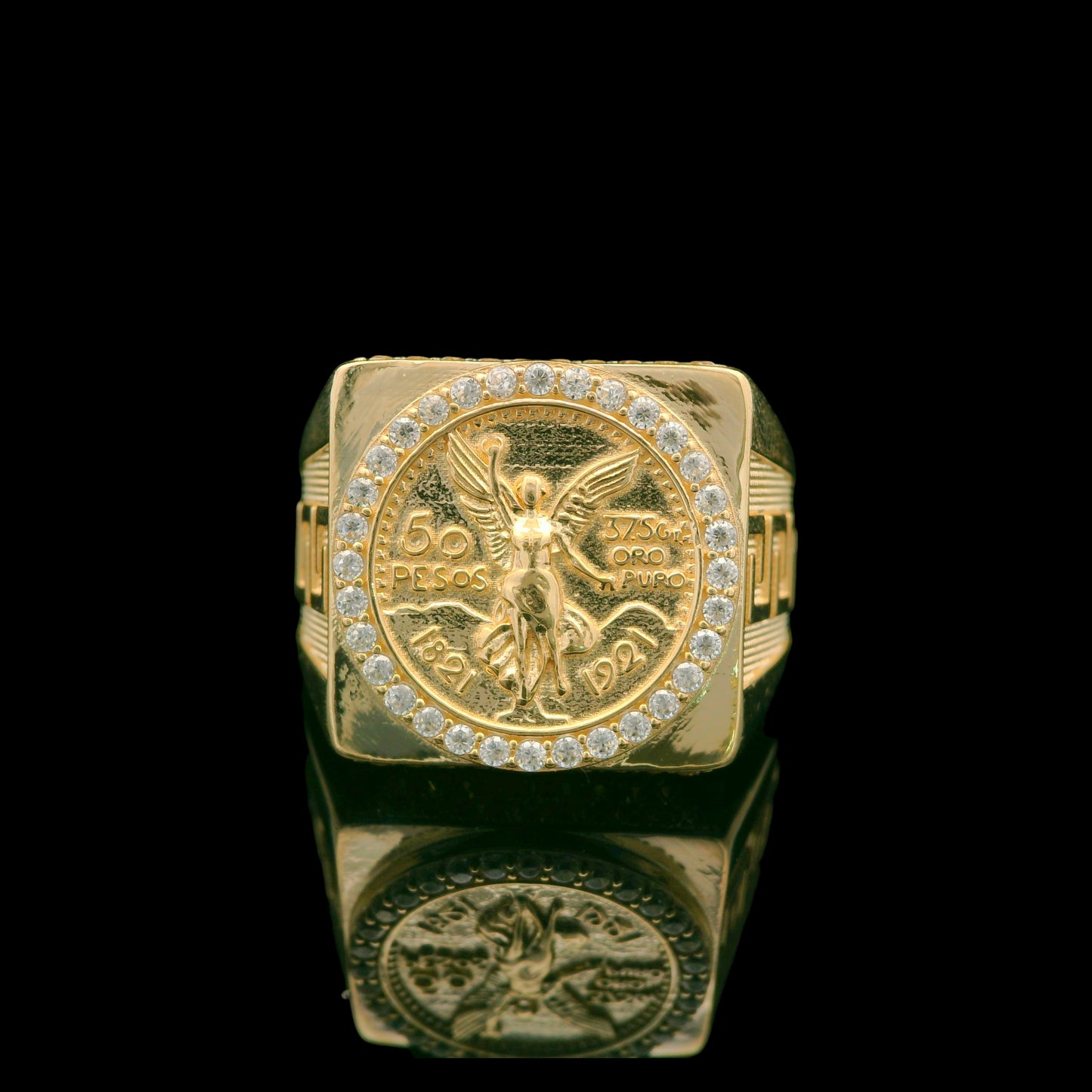 14K Gold “50 Pesos Centenario” Coin Ring with CZ Halo & Greek Key Sides - 20mm