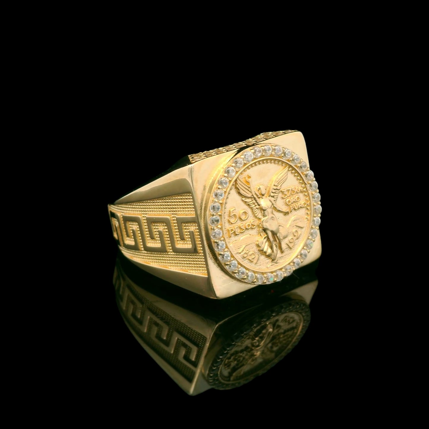 14K Gold “50 Pesos Centenario” Coin Ring with CZ Halo & Greek Key Sides - 20mm