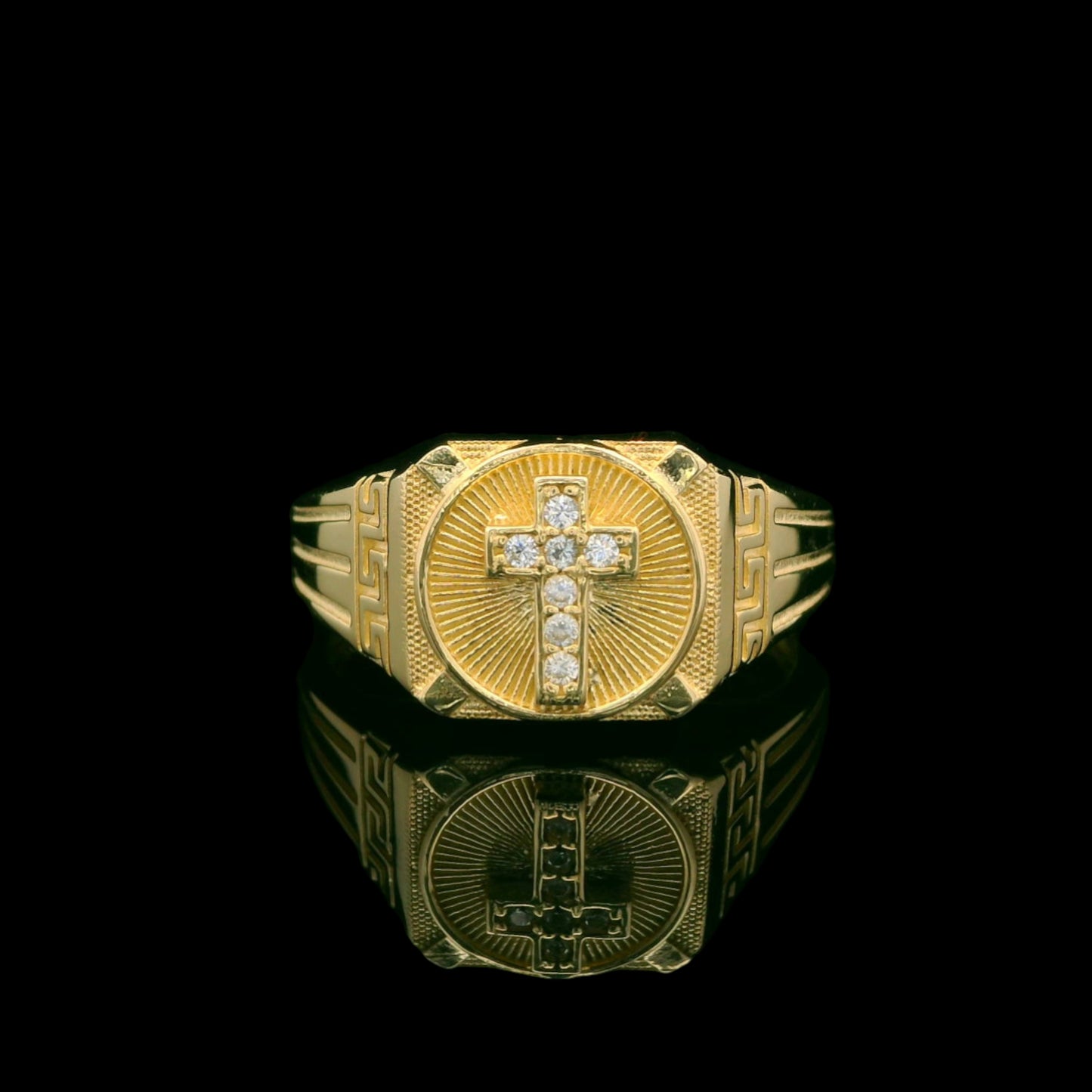 14K Gold Cross with CZ and Greek Key Accents –  11mm