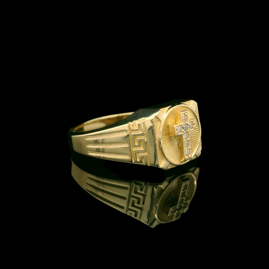 14K Gold Cross with CZ and Greek Key Accents –  11mm