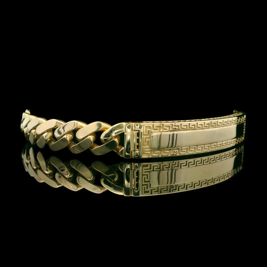 14K ID Bracelet with Greek Key Border & Side CZ Accents
