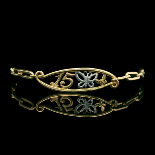 14K Gold Paperclip ID Bracelet “15” & Two-Tone Butterfly Plate - 3mm - 7''