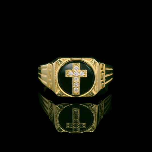 14K Gold Cross with Black Onyx Ring and CZ  –  11mm