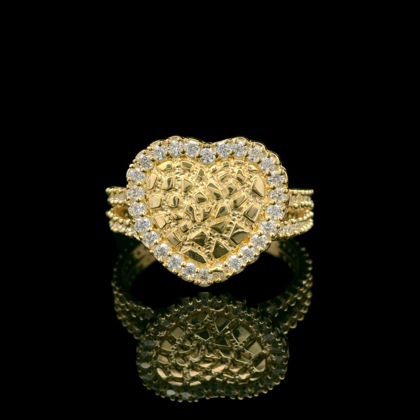 14K Gold Nugget-Style Heart Ring with CZ Halo & Split Shank - 13mm