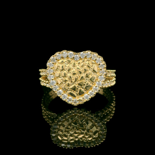 14K Gold Nugget-Style Heart Ring with CZ Halo & Split Shank - 13mm