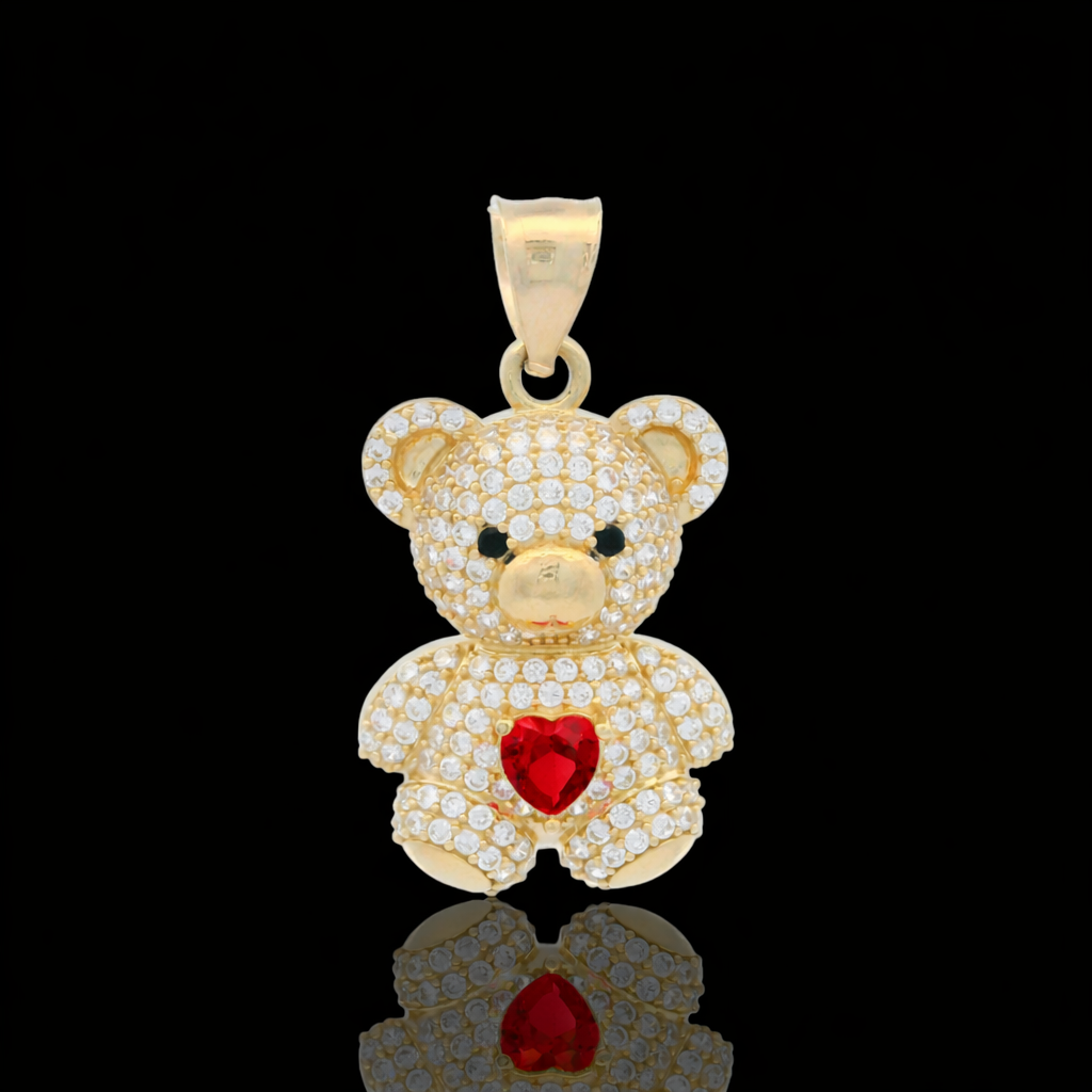 14K Gold Teddy Bear pave Pendant with Colored Heart