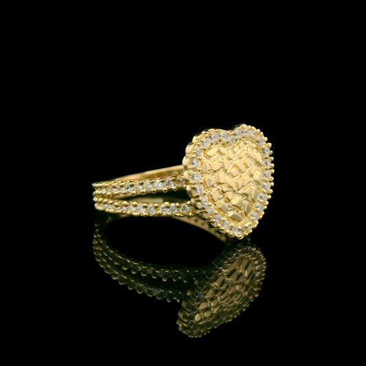 14K Gold Nugget-Style Heart Ring with CZ Halo & Split Shank - 13mm