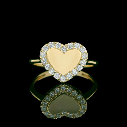 14K Gold Heart Ring with CZ Halo Polished Center - 10mm
