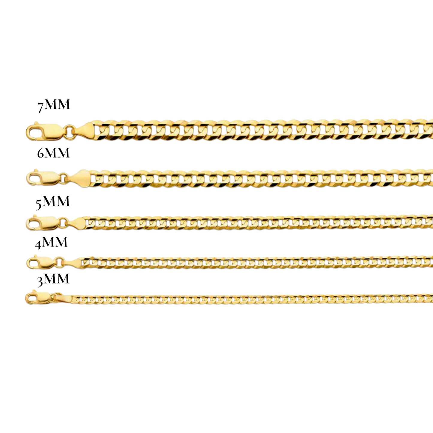 14K Solid Italian Gold Cuban Curb Chain (2mm-7mm) (18"-24")