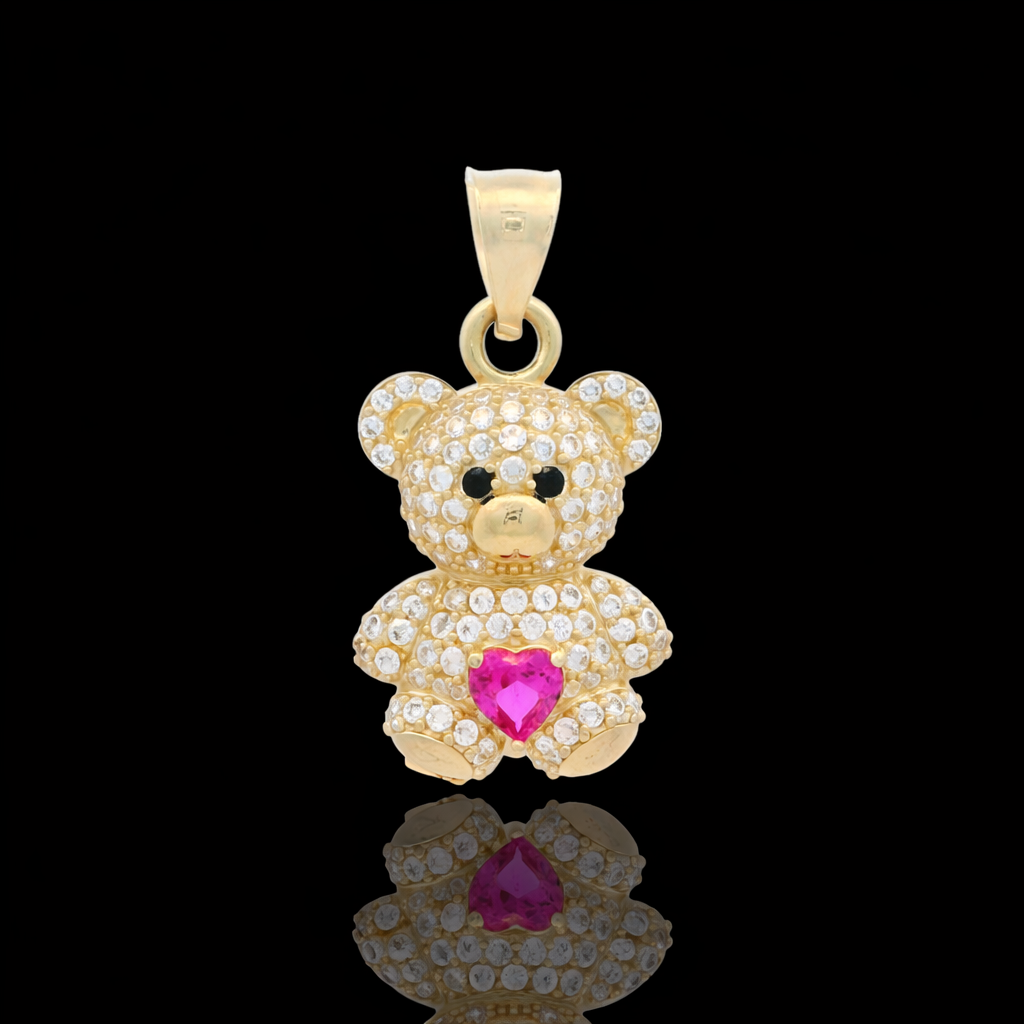14K Gold Teddy Bear pave Pendant with Colored Heart