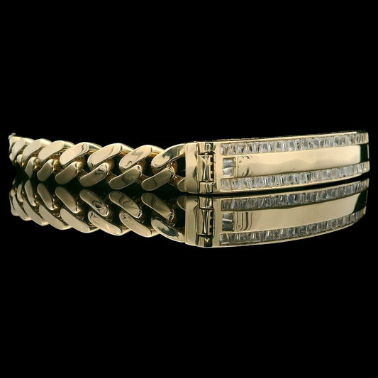 14K Gold Lightweight Cuban ID Bracelet with Baguette & Round CZ