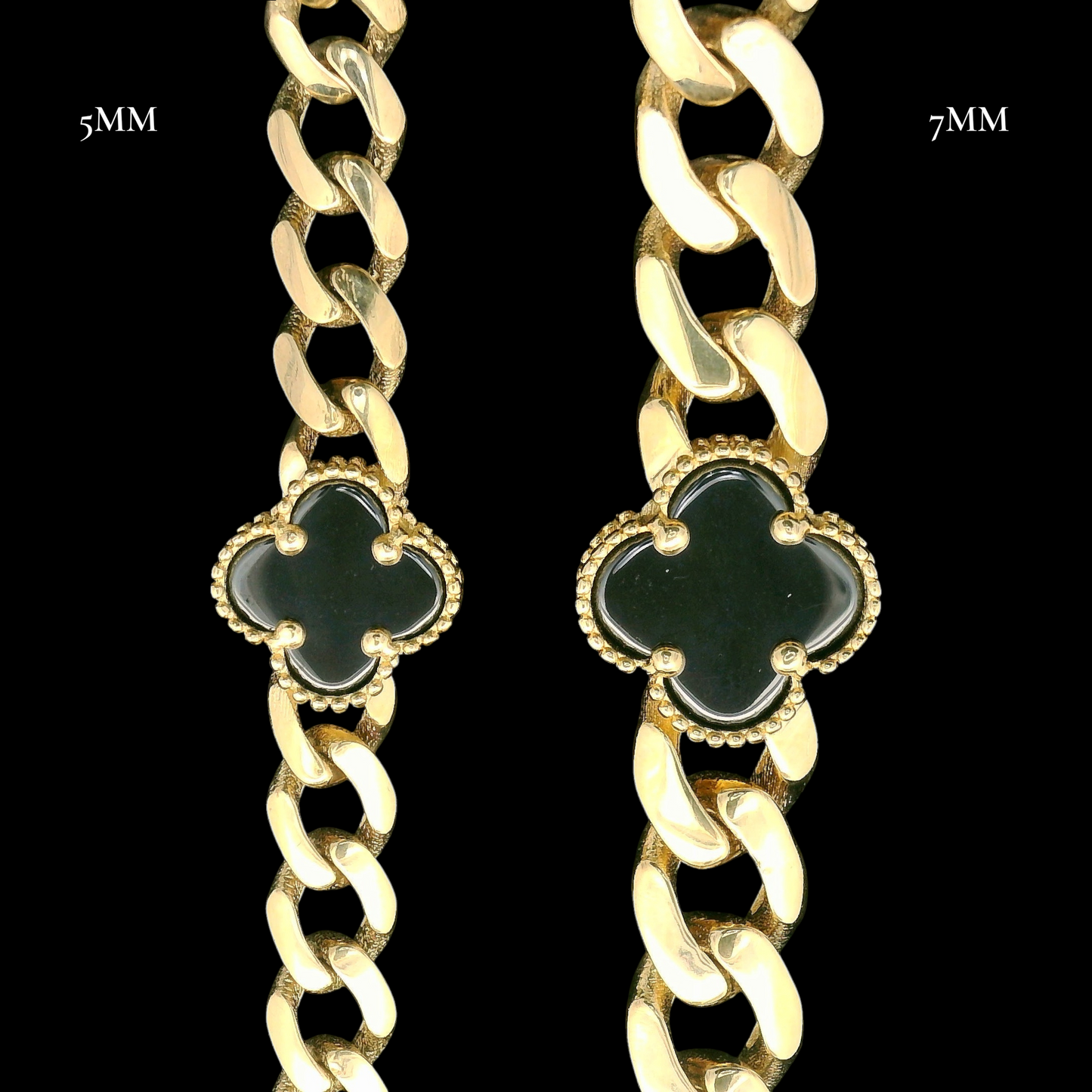 14K Cuban Link Bracelet with Black Flowers 7.5 In.