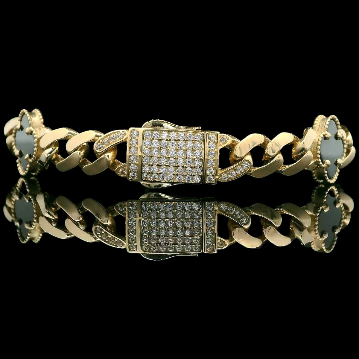 14K Cuban Link Bracelet with Black Flowers 7.5 In.