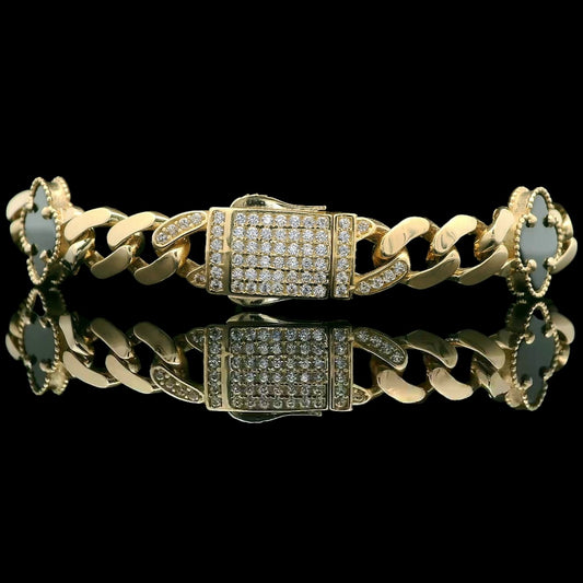14K Cuban Link Bracelet with Black Flowers 7.5 In.