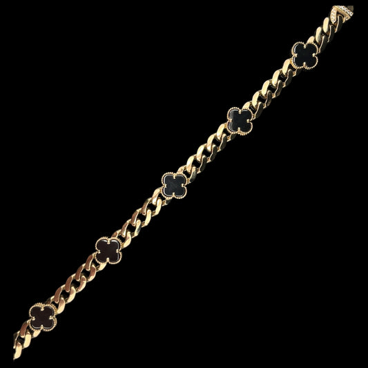 14K Cuban Link Bracelet with Black Flowers 7.5 In.