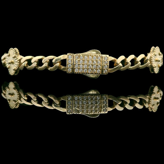 14K Light Cuban Link Bracelet with Diamond-Cut Flowers 7.5in