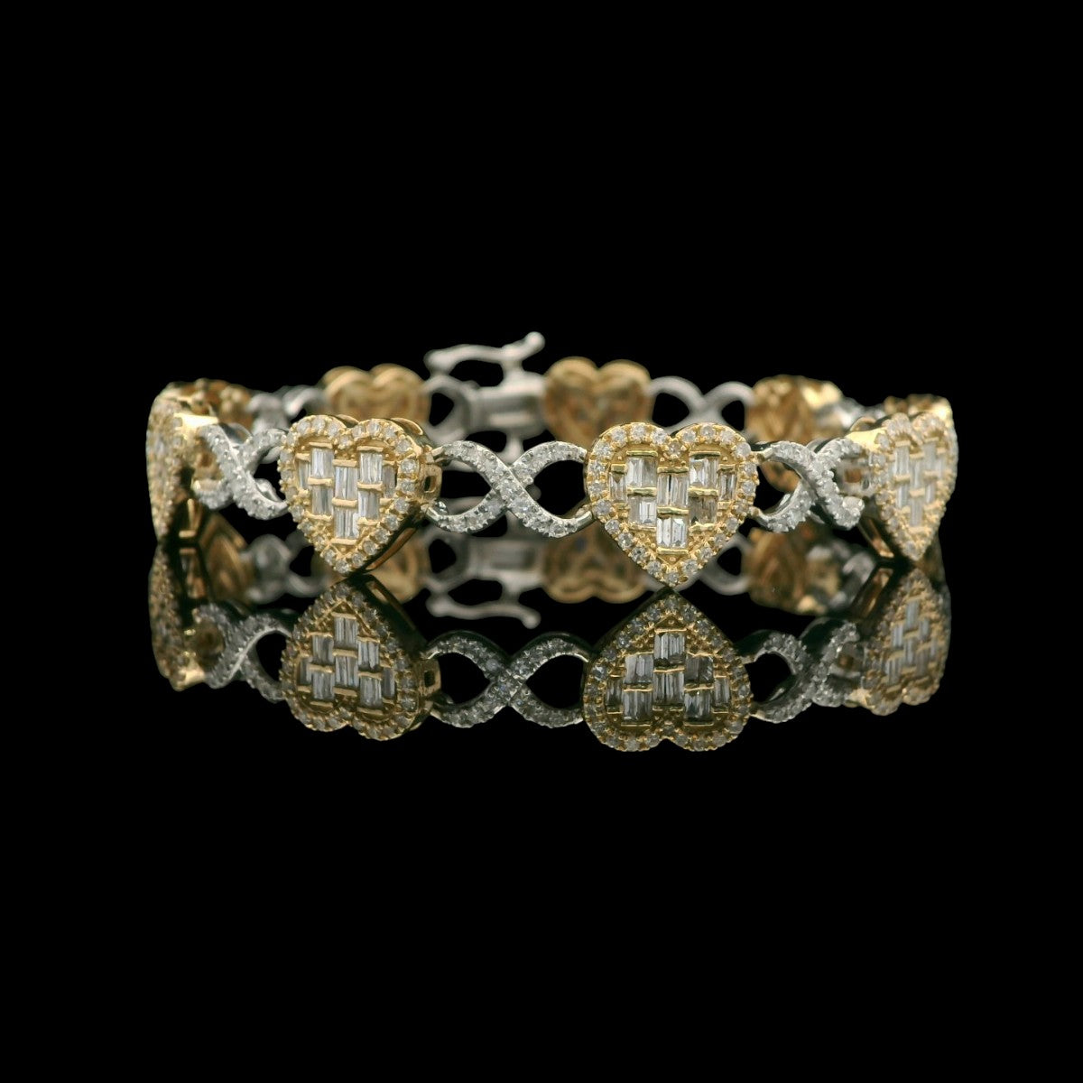 Pulsera de diamantes bicolor de 14 quilates con corazón e infinito, 3,18 quilates de peso total (7")