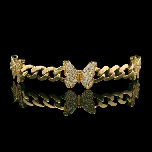 14K Yellow Gold Lite Cuban Butterfly Link CZ Bracelet 7.5"