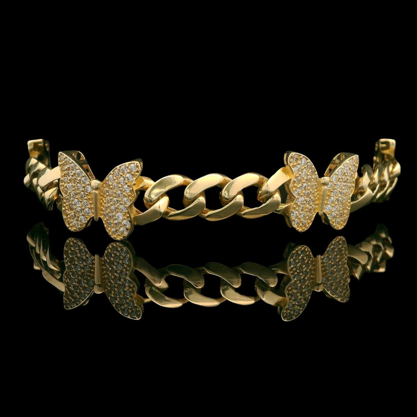 14K Yellow Gold Lite Cuban Butterfly Link CZ Bracelet 7.5"