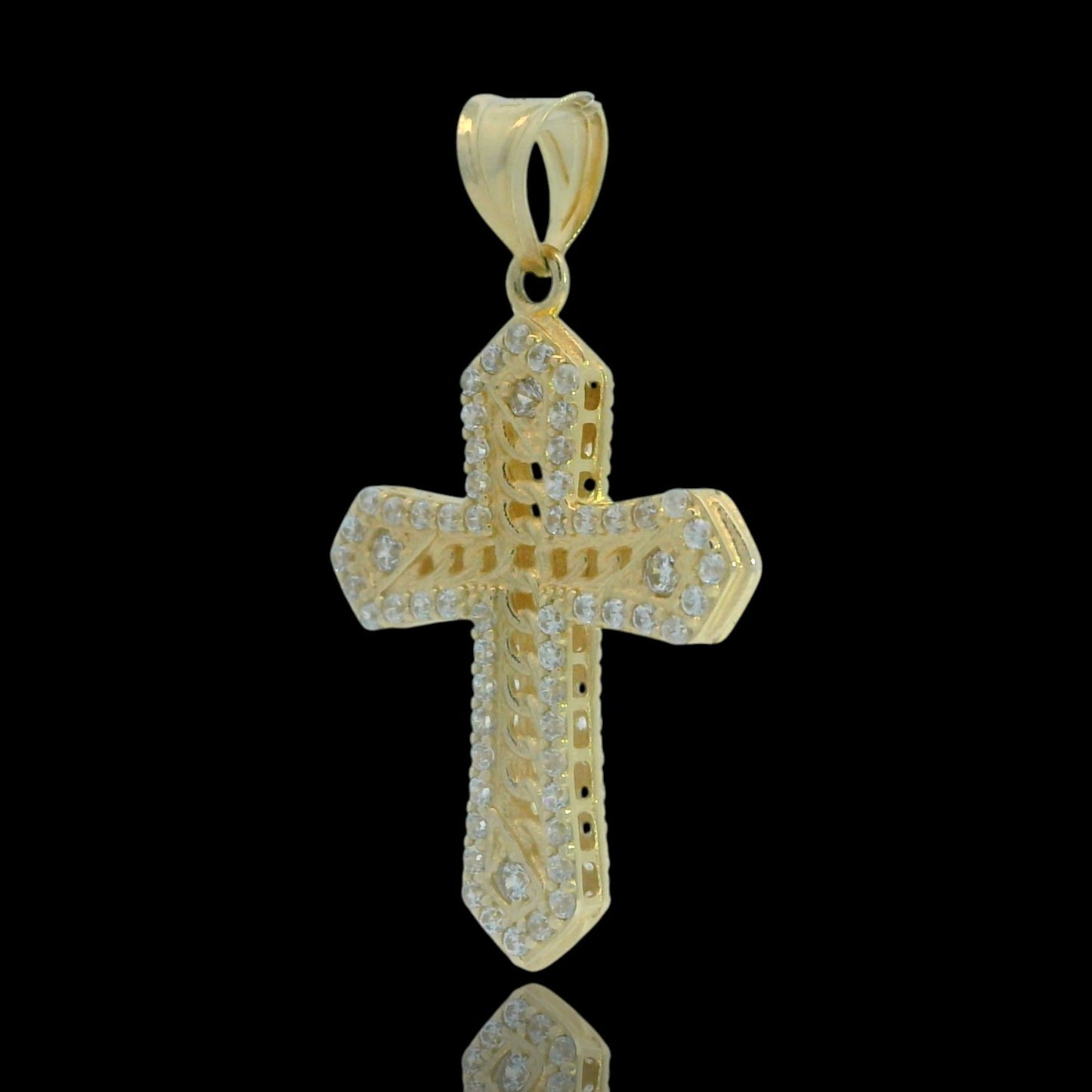 14K Yellow Gold CZ Cross Pendant with Chain-Style Center – 27mm