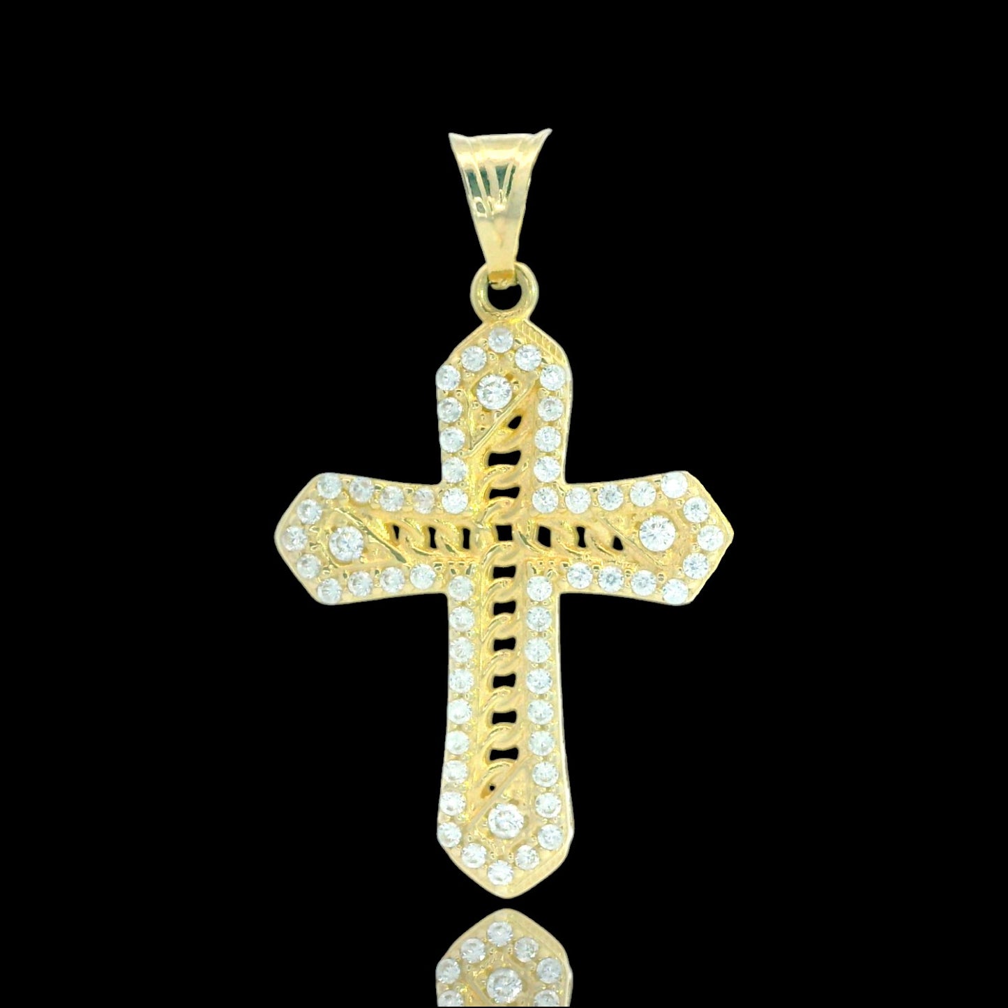 14K Yellow Gold CZ Cross Pendant with Chain-Style Center – 27mm