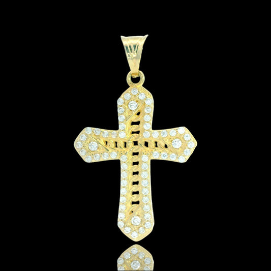 14K Yellow Gold CZ Cross Pendant with Chain-Style Center – 27mm