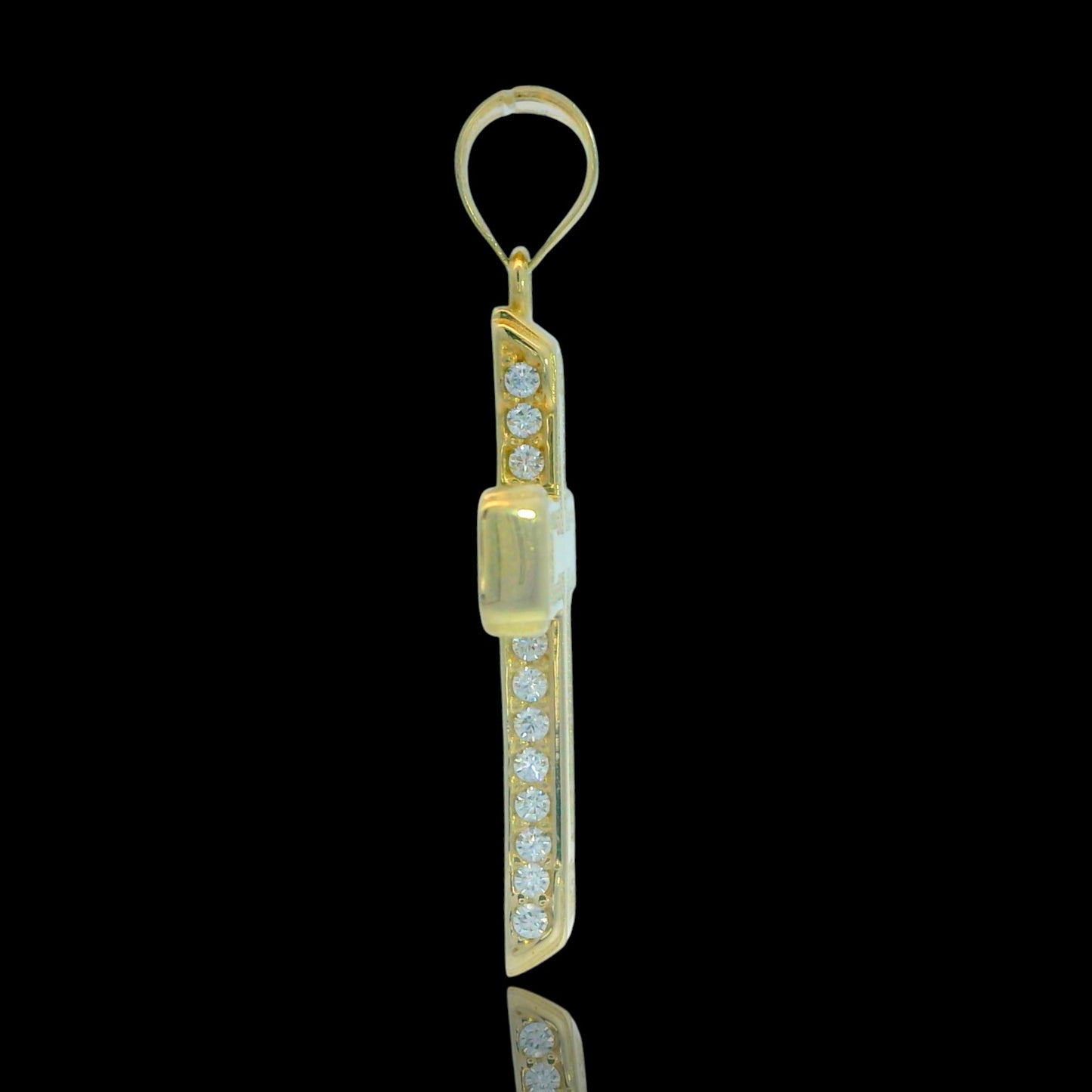 14K Yellow Gold Textured Border Cross Pendant with Accent CZ Row – 24mm