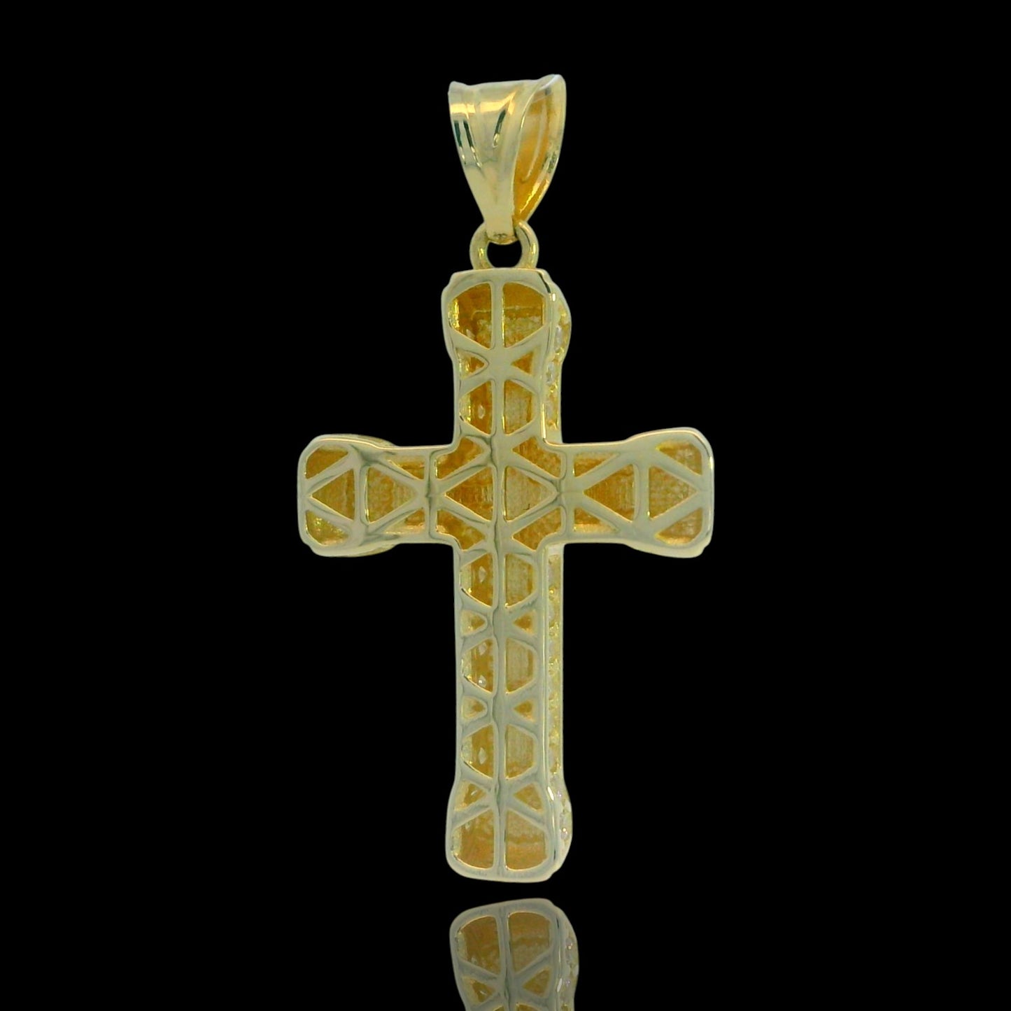 14K Yellow Gold Textured Border Cross Pendant with Accent CZ Row – 24mm