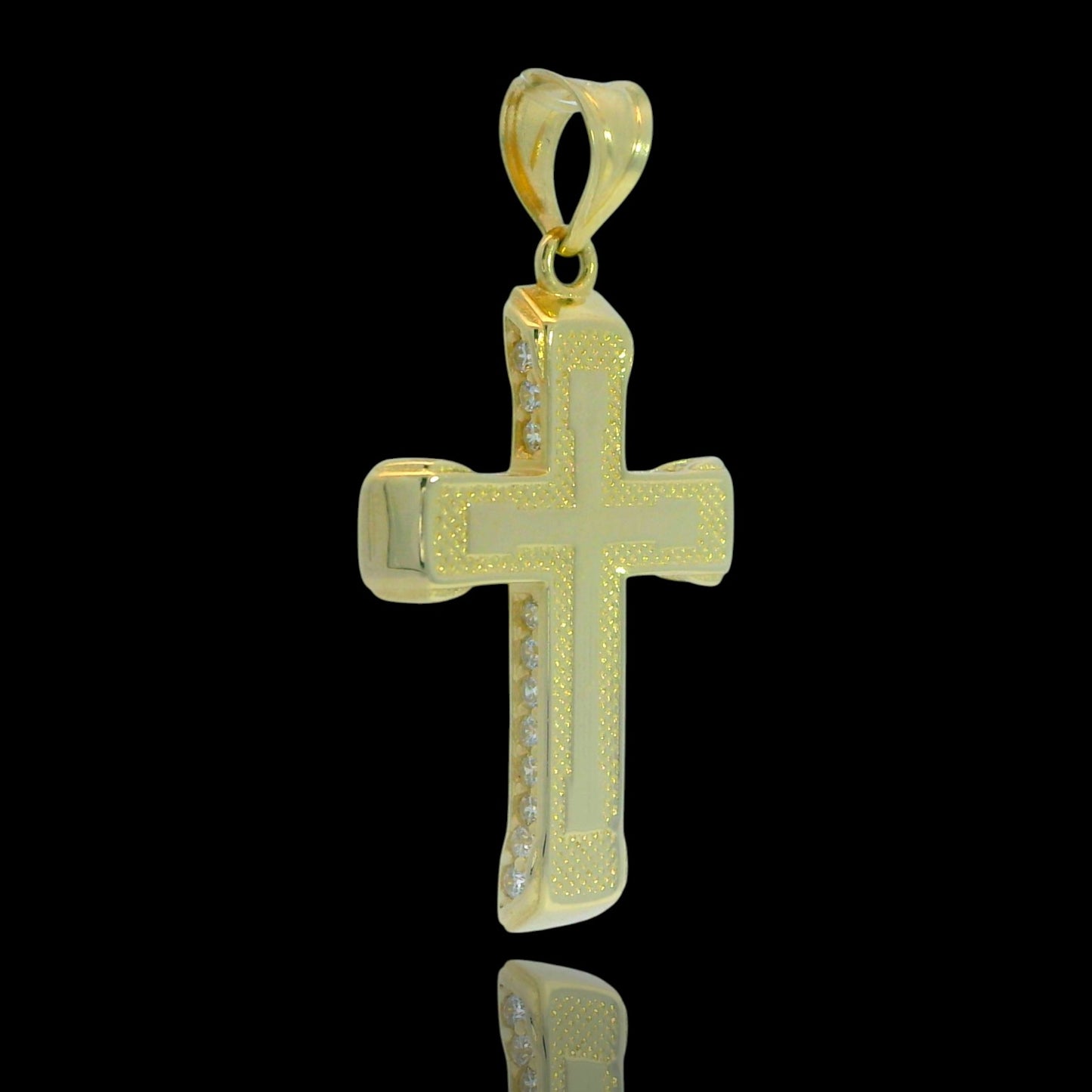 14K Yellow Gold Textured Border Cross Pendant with Accent CZ Row – 24mm