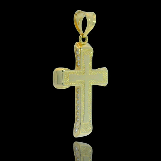 14K Yellow Gold Textured Border Cross Pendant with Accent CZ Row – 24mm