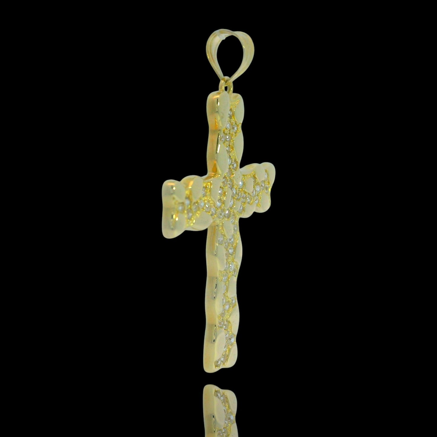 14K Yellow Gold Nugget CZ Cross Pendant - 38mm
