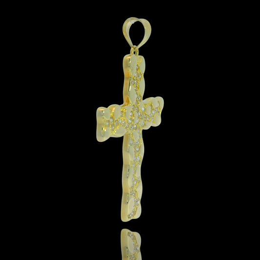 14K Yellow Gold Nugget CZ Cross Pendant - 38mm