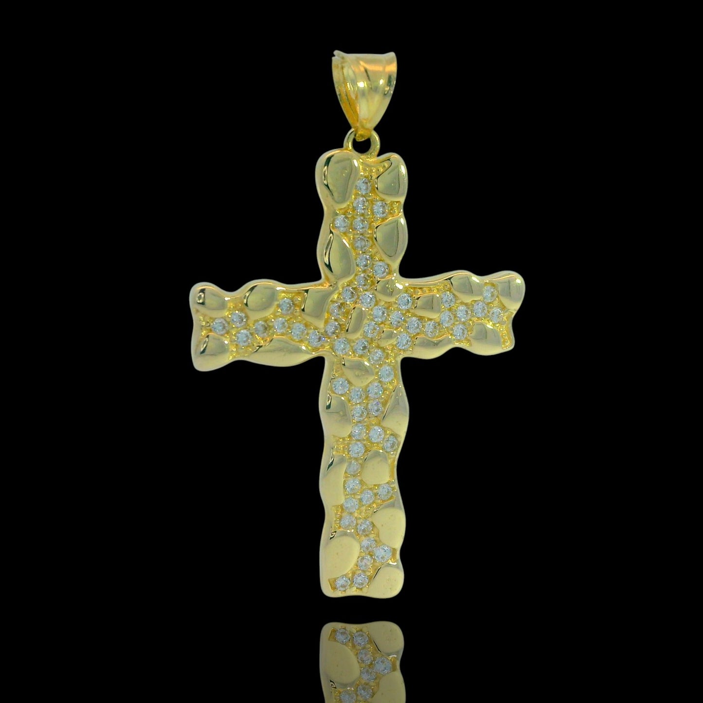 14K Yellow Gold Nugget CZ Cross Pendant - 38mm
