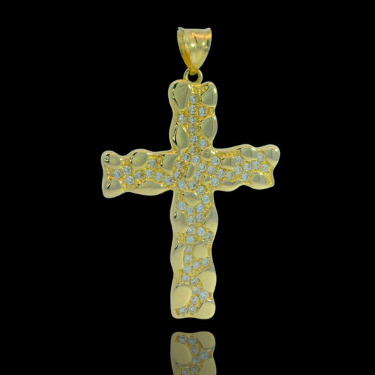 14K Yellow Gold Nugget CZ Cross Pendant - 38mm