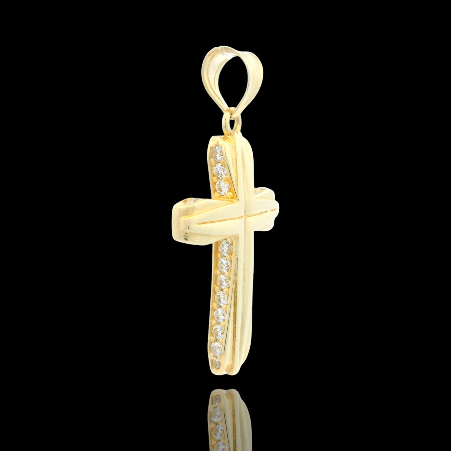 26mm 14K Sculpted Cross Pendant with Side CZ Line