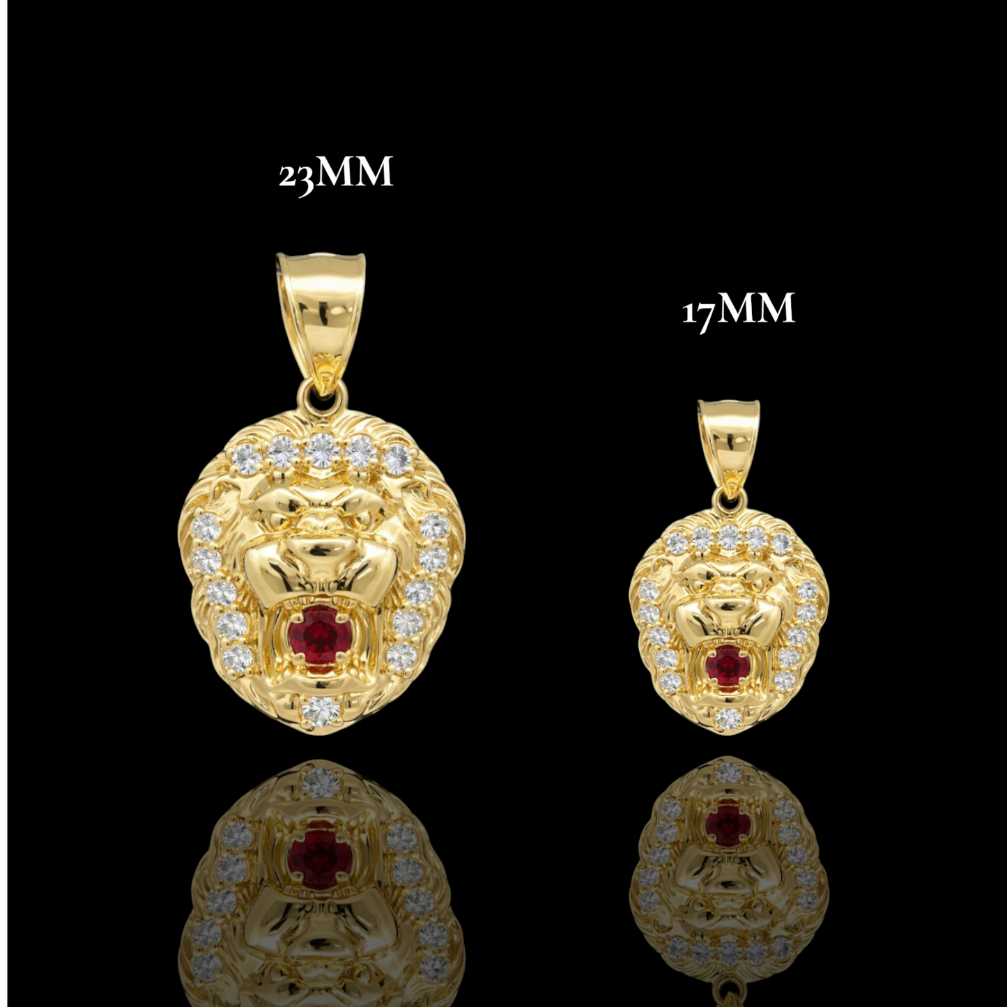 14K Gold Lion Head Pendant with Red Center Stone (23mm & 17mm)